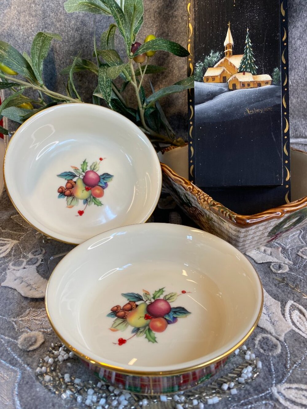 Set of 2 Lenox Holiday Tartan Fruit/Dessert (Sauce) Bowls EUC